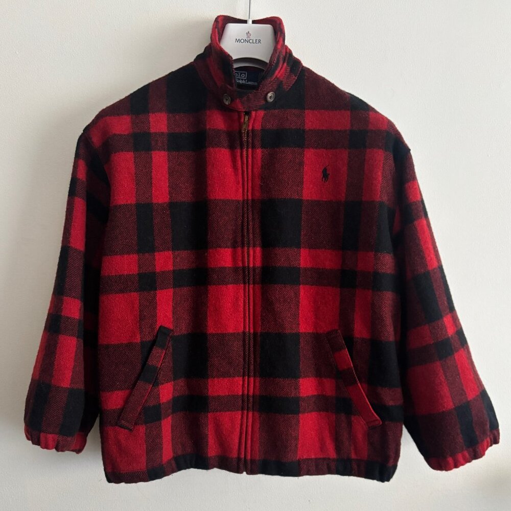 Vintage miUSA Polo Ralph Lauren Red Black Buffalo Plaid Wool Zip Jacket - Small